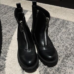Black Combat Moto Boots with Front Zipper
